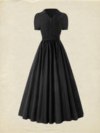 Maxi Cotton Dress, Short Sleeve, Shawl Collar, Plain, Summer, Black