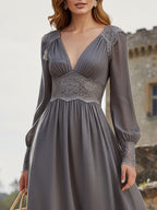 Maxi Linen Dress, Long Sleeves, V Neck, Plain, Lace, Vintage, Gray
