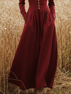 Maxi Linen Dress, Long Sleeves, V Neck, Plain, Button Design, Vintage, Deep Red