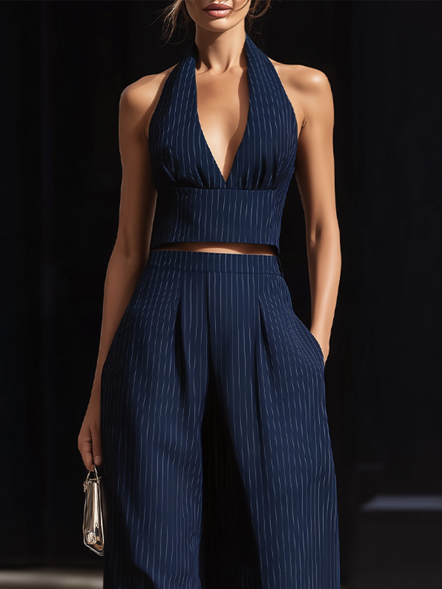 Navy Blue Pinstripe Halter Neck Crop Top & High Waisted Wide Leg Pants Two-Piece Set
