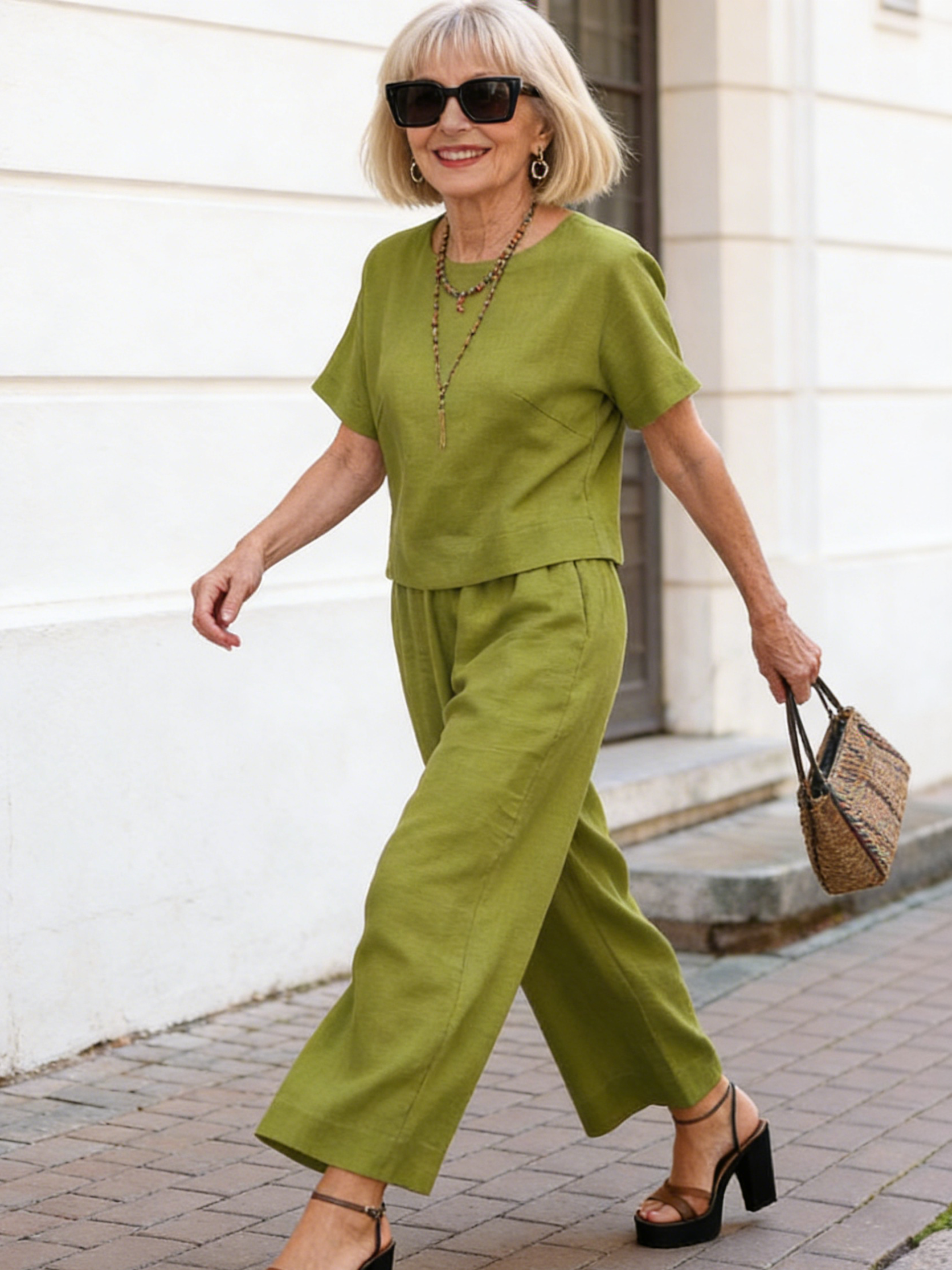 Linen Casual Loose Solid Color Suit Two Piece Set