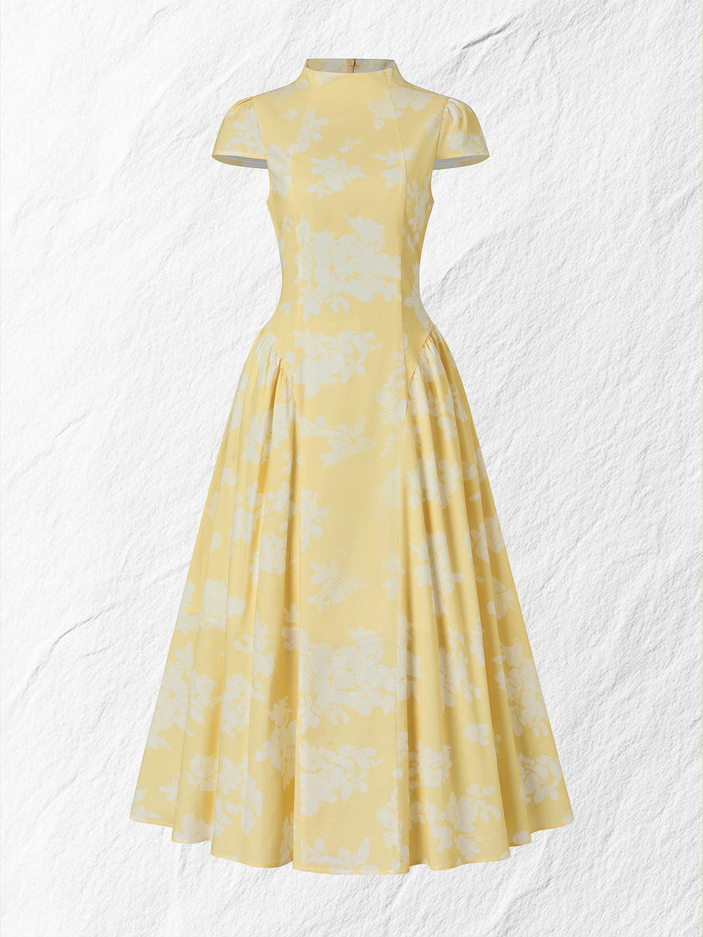 Midi Cotton Dress, Short Sleeves, Floral, French Vintage, Yellow