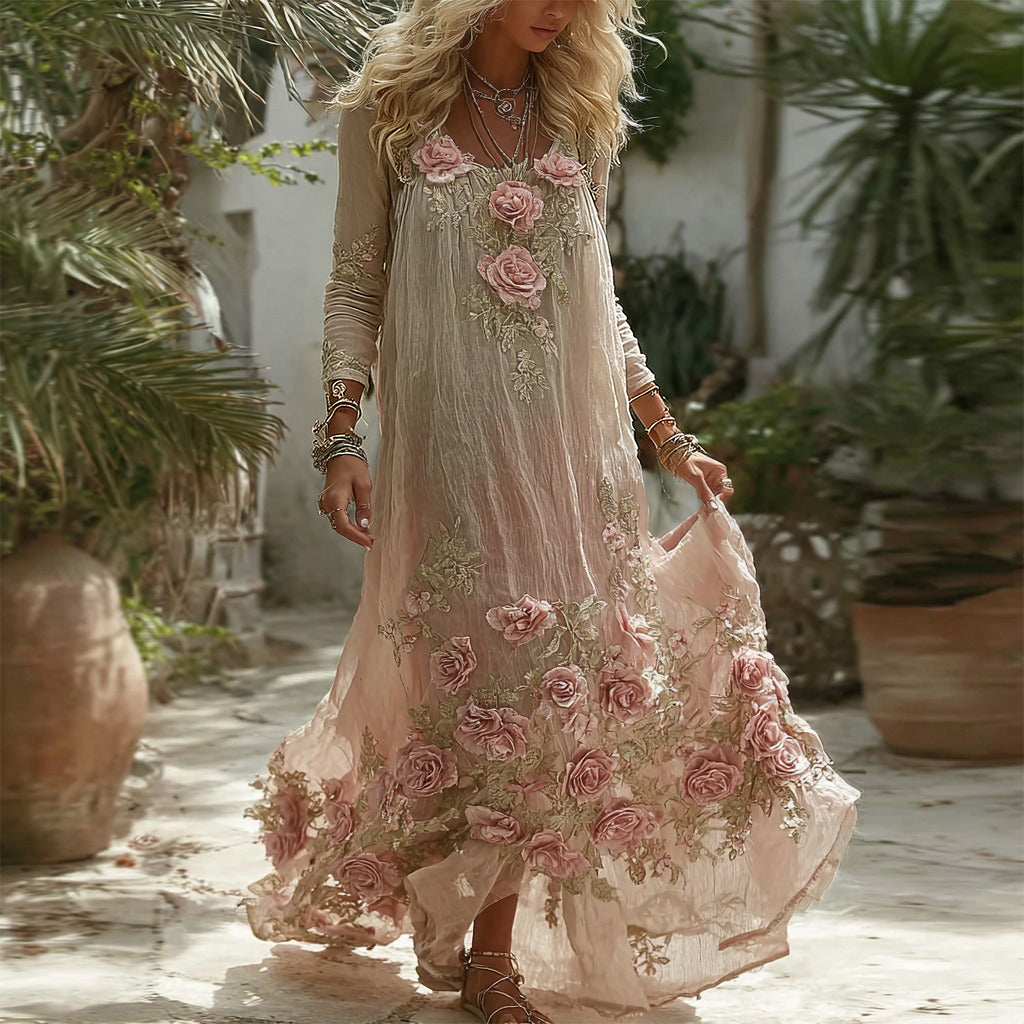 Women's Vintage Pink Rose Embroidered Linen Dress