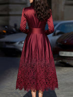 Burgundy Satin Belted Midi Dress With Lace Hem