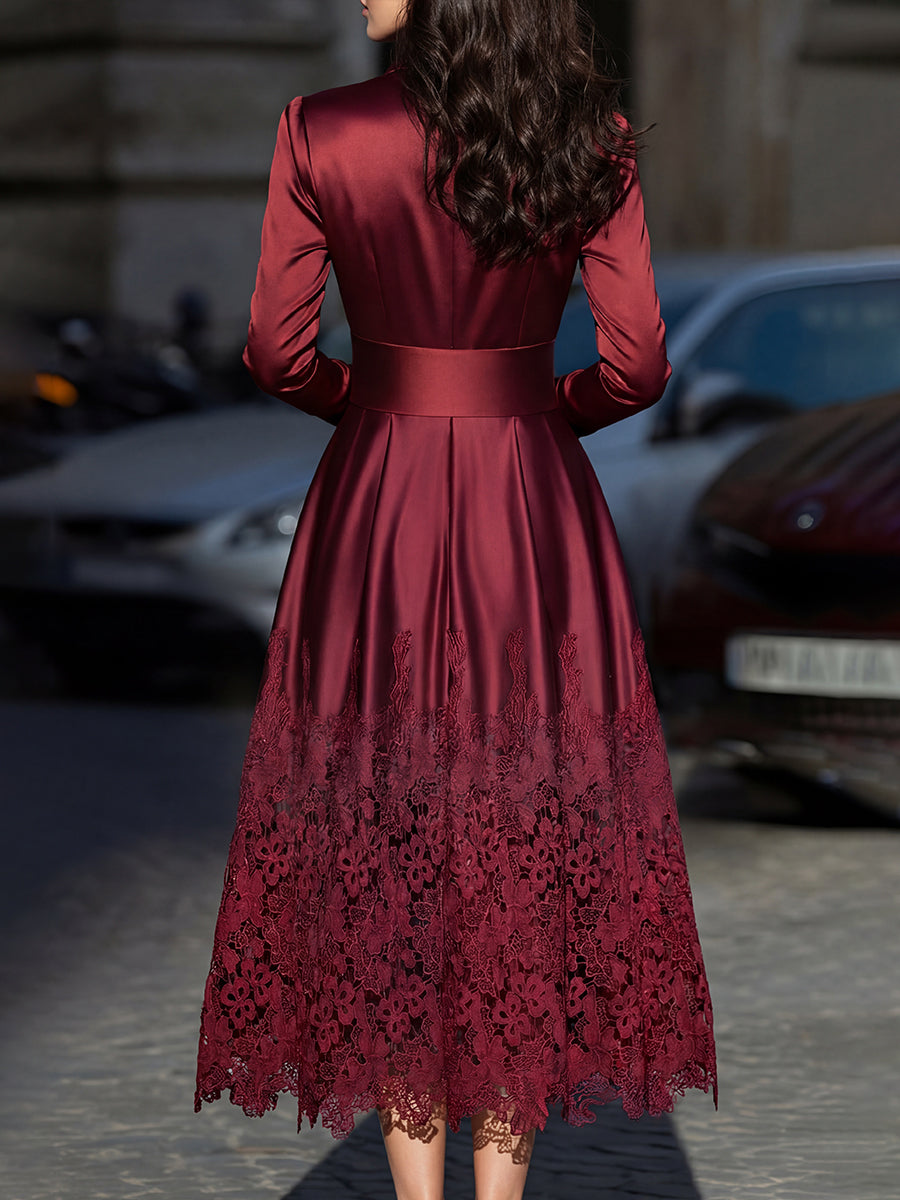 Burgundy Satin Belted Midi Dress With Lace Hem
