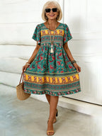 BOHO Floral Print Short-sleeved Pullover Round Neck Casual Medium-length Dress