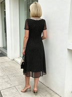Black Polka Dot Mesh Midi Dress, Lace Peter Pan Collar Short Sleeve Elastic Waist Tummy Concealing Slimming Temperament Dress for Mature Women