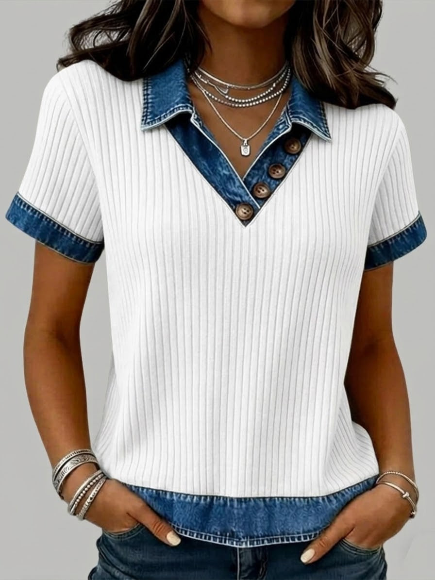 Casual Patchwork Denim Short-sleeved Knit Top