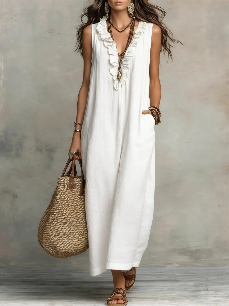 Women's Solid Color Ruffled Art Casual Fashion Cozy Cotton Linen Dress