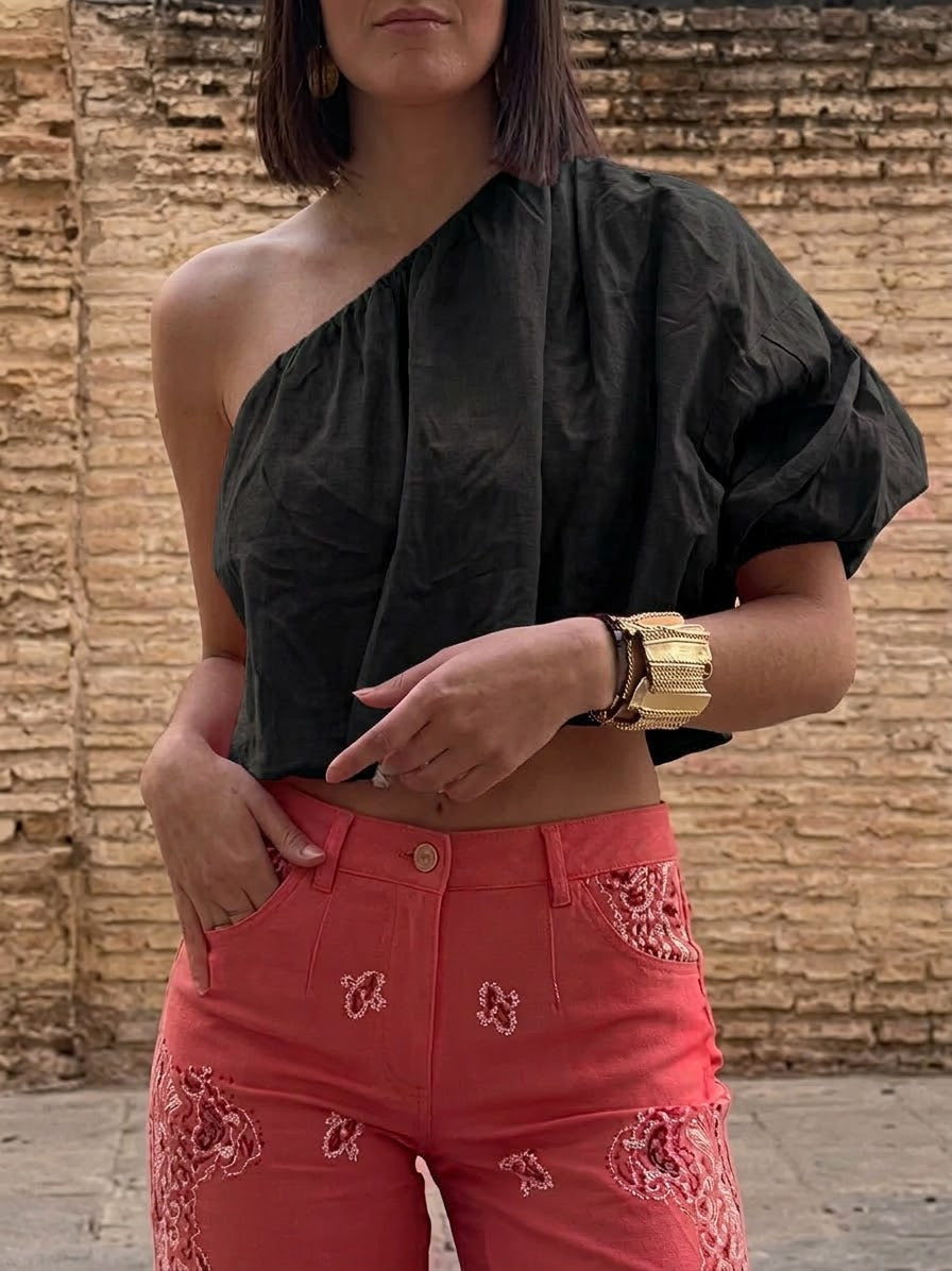 Casual Off-shoulder Linen And Cotton Top