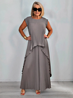 2Pcs Crew Neck Solid Color Sleeve Top Pleated Straight Pants Set Two-piece Set