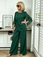 2Pcs Light Blue Chiffon 2 Piece Outfit, Irregular Twist Flare Sleeve Top & Wide Leg Pants Set for Mature Women