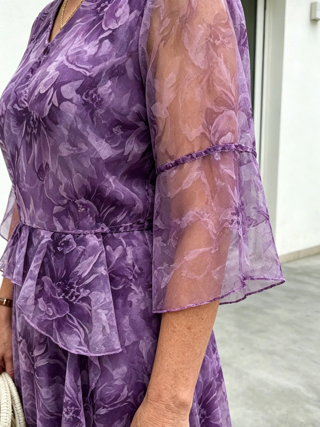 Purple Floral Mesh Chiffon Midi Dress, V-Neck Ruffle 3/4 Sleeve Waist Ruffle Loose Slimming Mom Dress
