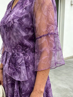 Purple Floral Mesh Chiffon Midi Dress, V-Neck Ruffle 3/4 Sleeve Waist Ruffle Loose Slimming Mom Dress