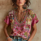 Women's Bohemian Floral Embroidery Art V-neck Linen Blend T-shirt