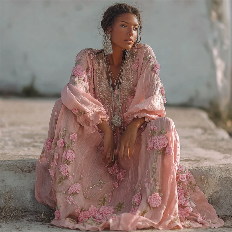 Boho Pink Flowers Glitter Lace Linen Maxi Dress