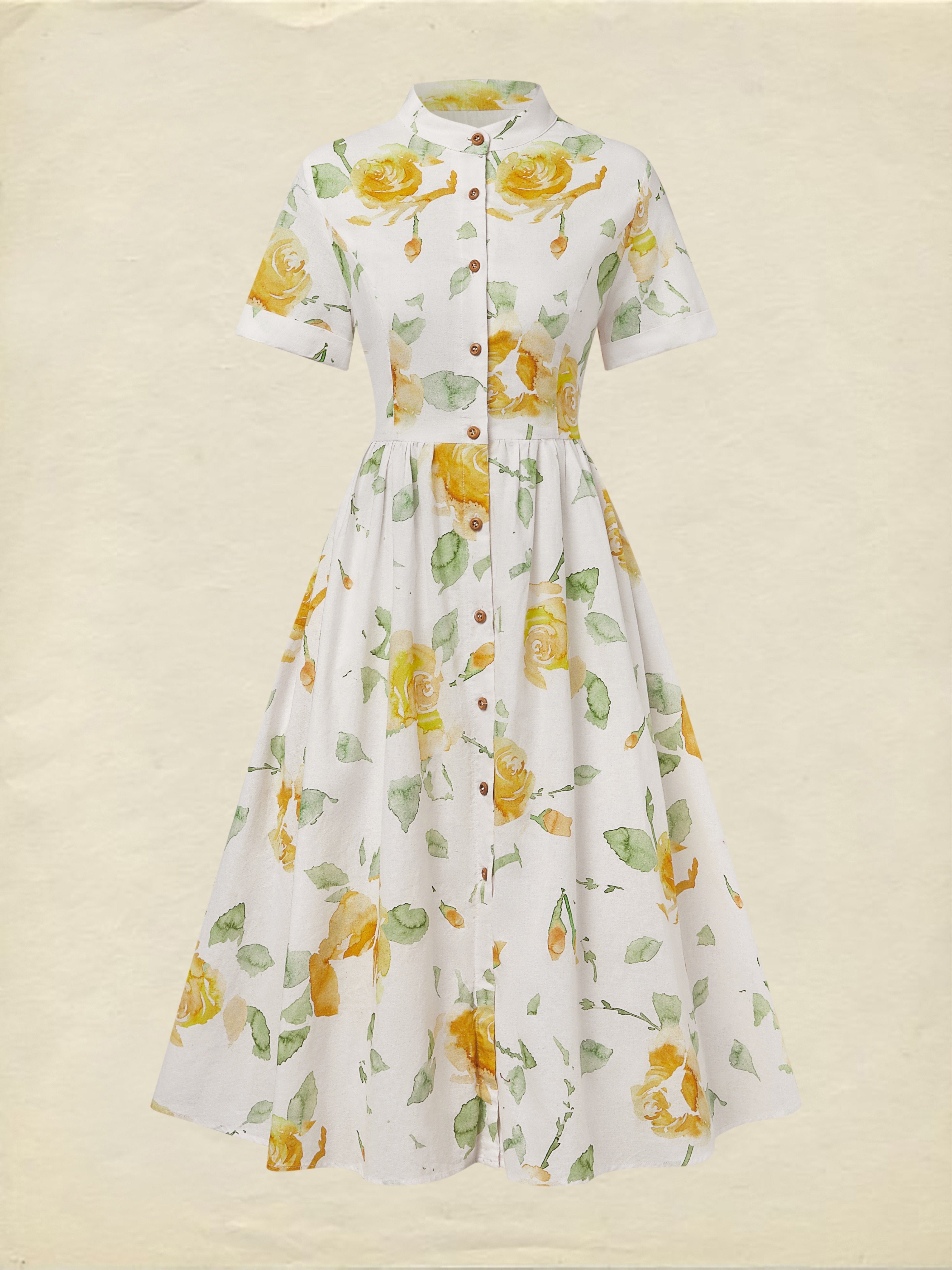 Linen Midi Dress, Short Sleeve, Floral, Vintage, White