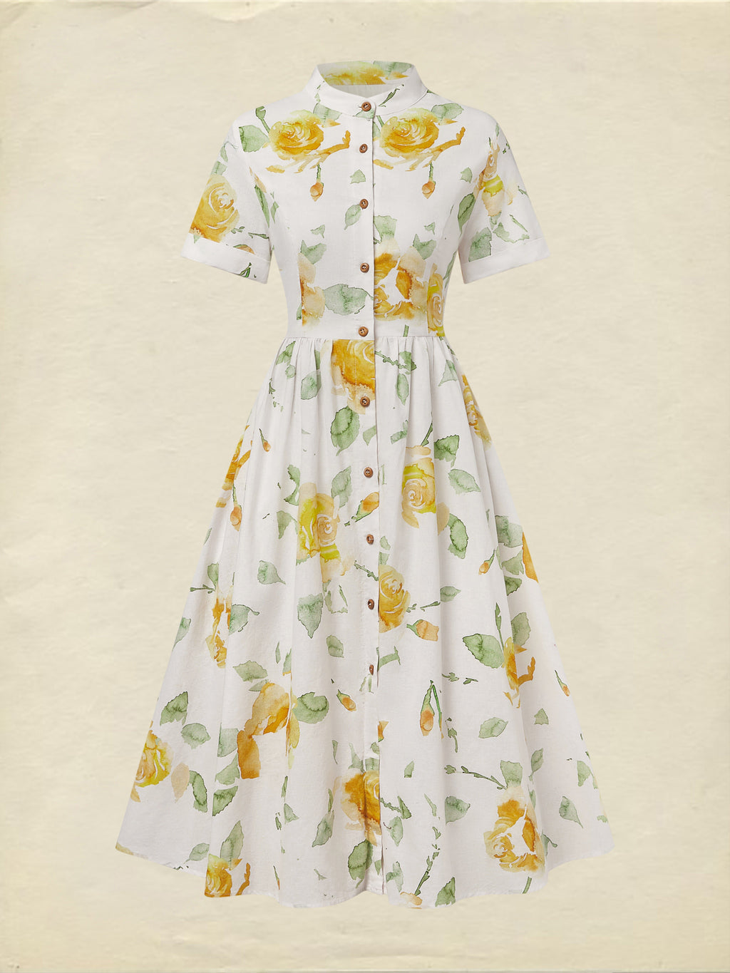 Linen Midi Dress, Short Sleeve, Floral, Vintage, White