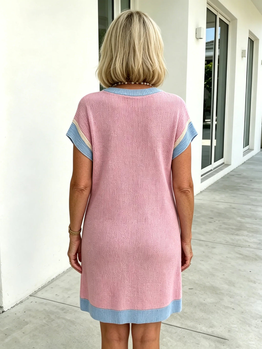 Textured Fabric Casual Contrast Twist Strip Short Sleeve Pocket Dress