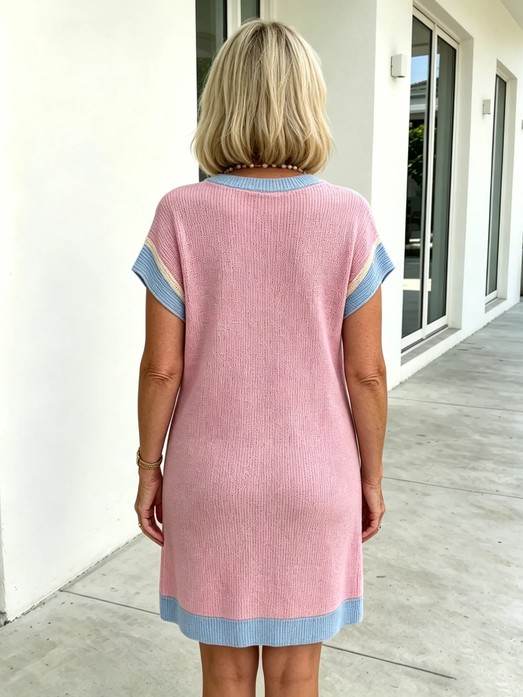 Textured Fabric Casual Contrast Twist Strip Short Sleeve Pocket Dress