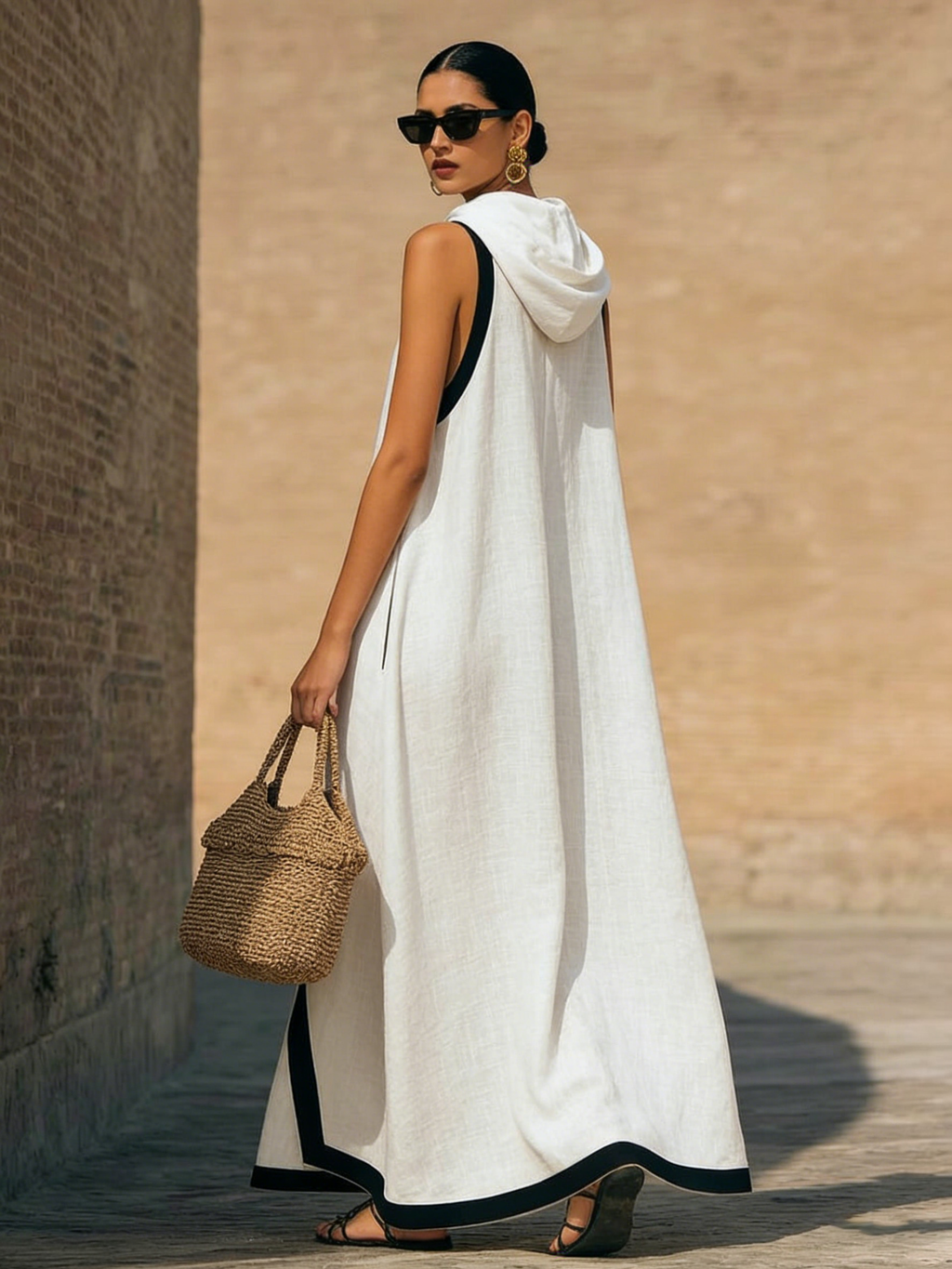 Elegant Color-block Trimmed Loose-fit Cotton-linen Hooded Dress
