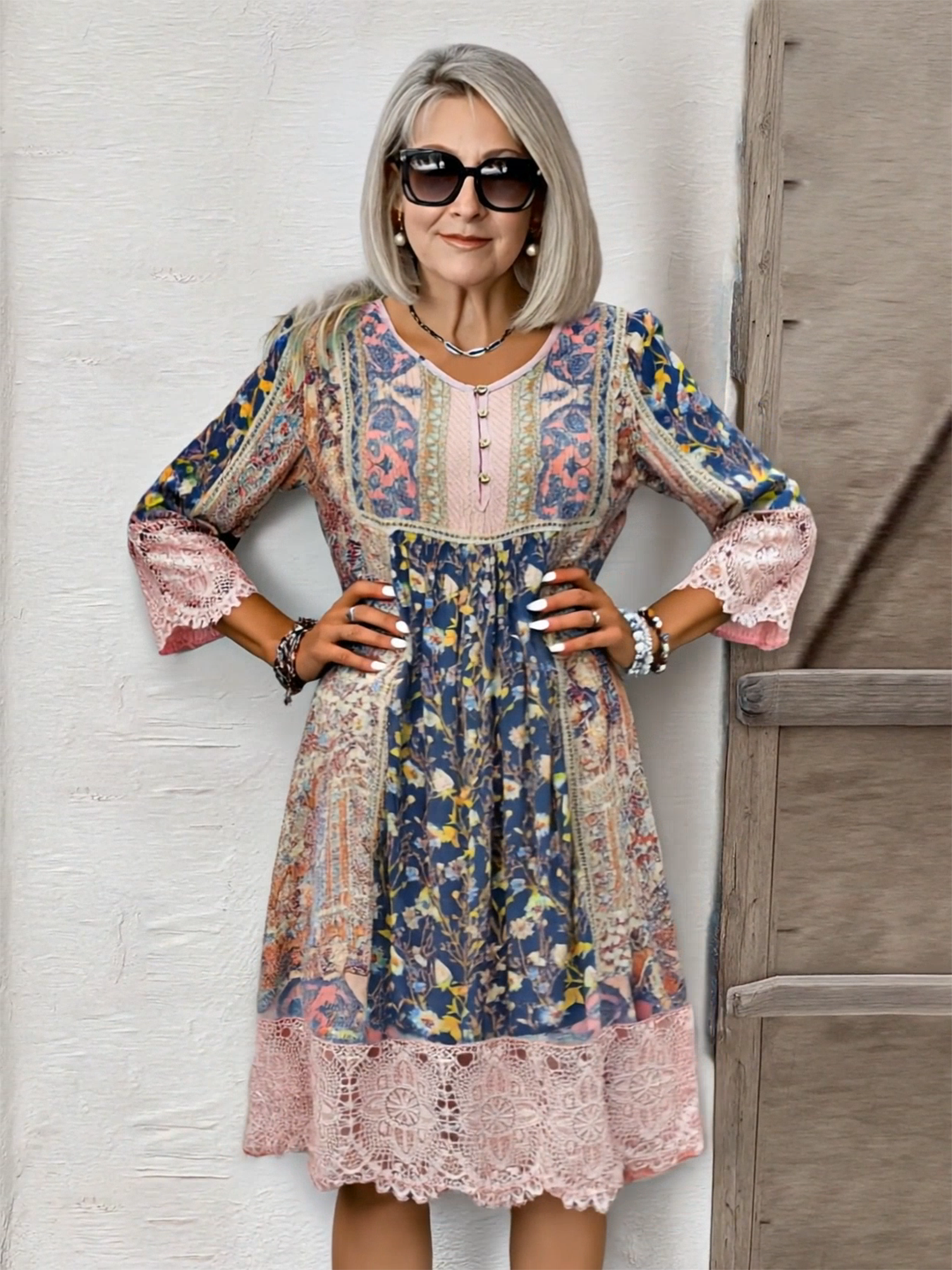 Vintage Print Lace Dress