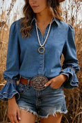 Women’s Solid Flared Cuff Casual Denim Blouse