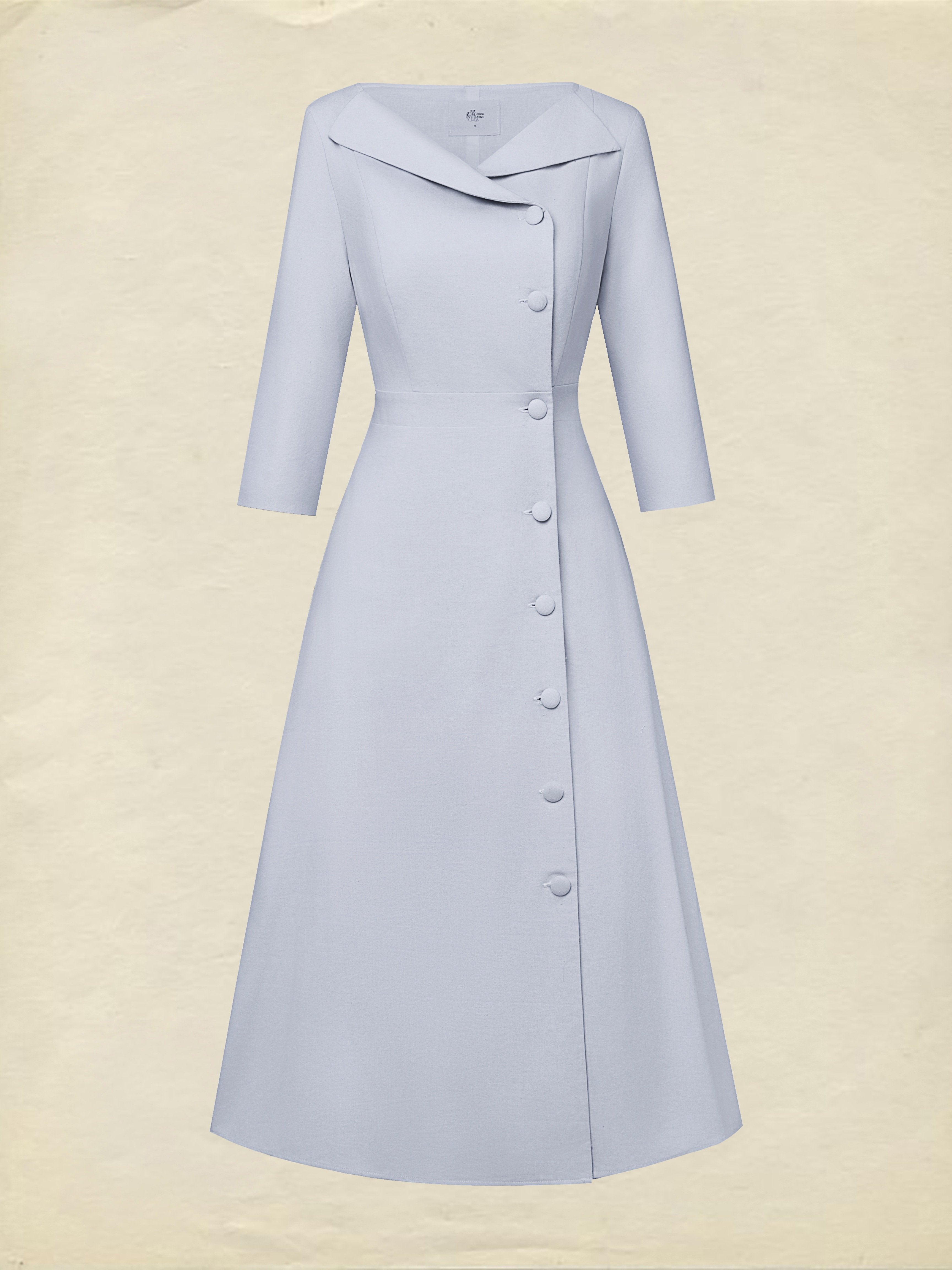 Midi Linen Dress, Half Sleeve, Shawl Collar, Plain, Button Design, French Vintage, lavender