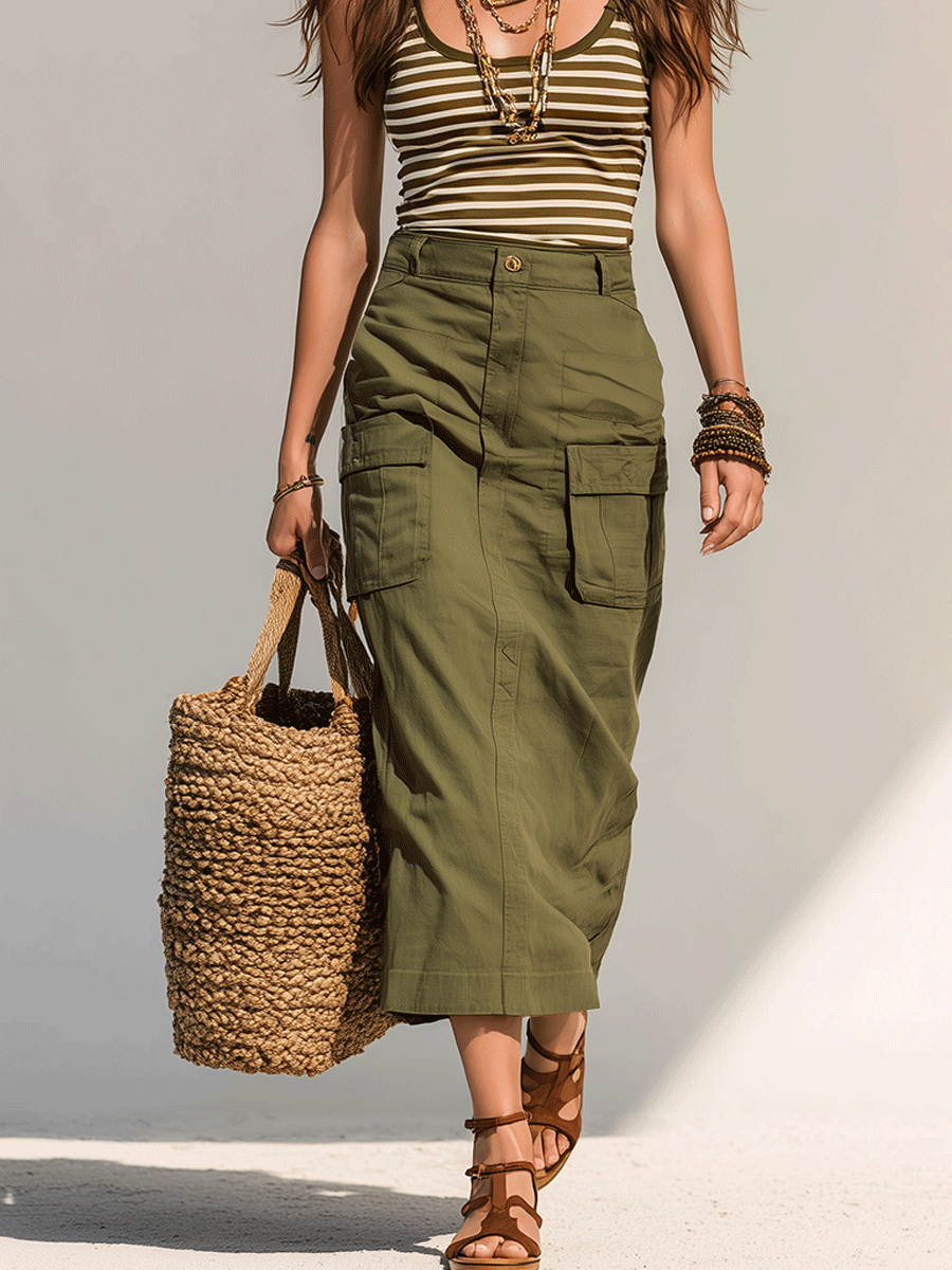 Casual Boho Stripe Top With High-Waist Cargo Skirt