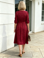 Coffee Brown Floral Print Midi Dress, Split Neck Button Front Ruffle 3/4 Sleeve Tie Waist Slimming Dress for Mature Women