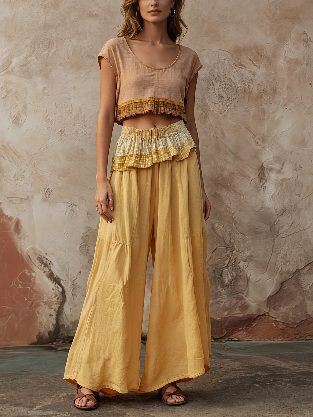 Yellow High Waist Ruffle Trim Wide Leg Pants