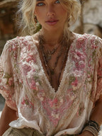 Women's Vintage Floral Embroidered V-neck T-shirt