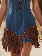Retro Color-blocked V-neck Button-down Tassel Denim Sleeveless Mini Dress