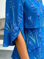 Lavender Chiffon Vacation Prints Color Round Neck Cake Skirt Splicing Dress Mid-length