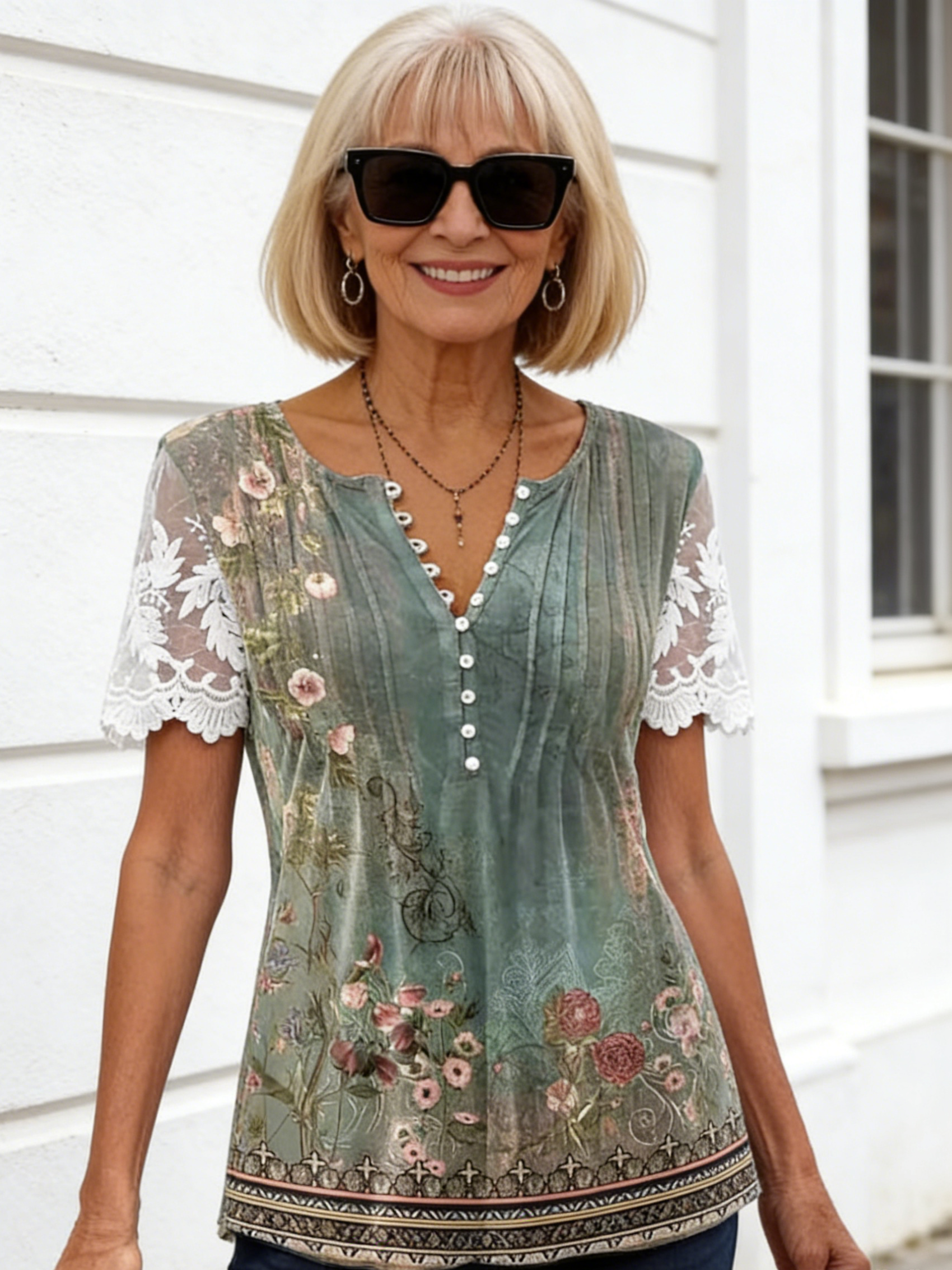 Floral Print Pleated Button Lace Sleeve Women's T-Shirt