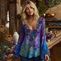 Classy Gradient Purple And Blue Lavender And Floral Embroidered Linen Long Sleeve Shirt
