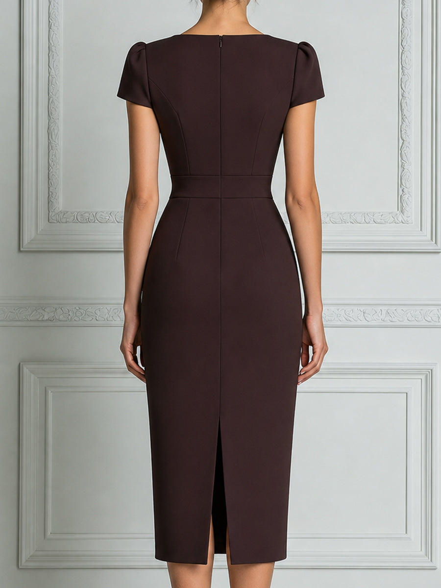 Deep V-Neck Embroidered Rose Fitted Midi Dress