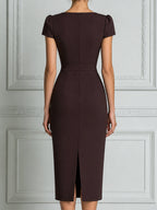 Deep V-Neck Embroidered Rose Fitted Midi Dress