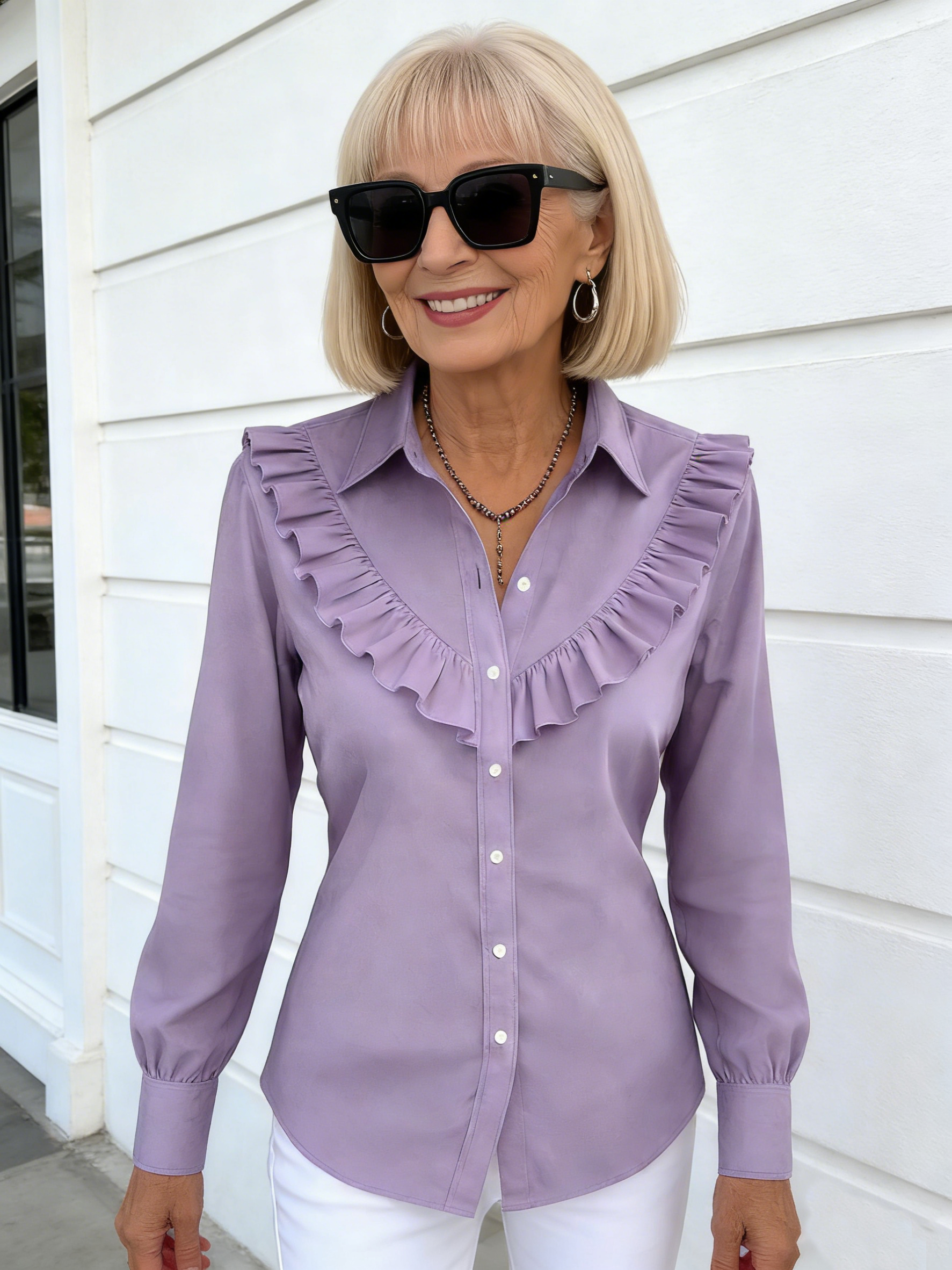 Women's Solid Color Shirt Collar Long Sleeve Casual Loose Ruffle Edge Cotton and Linen Top