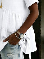 Women's Round Neck Cotton Linen Solid Color Loose Short-sleeved Shirt – Side Tether
