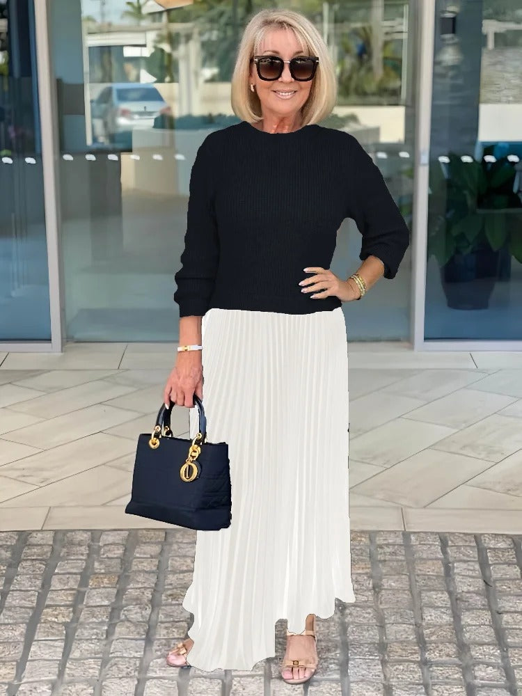 Knitted Long-sleeved Splicing Pleated Dress