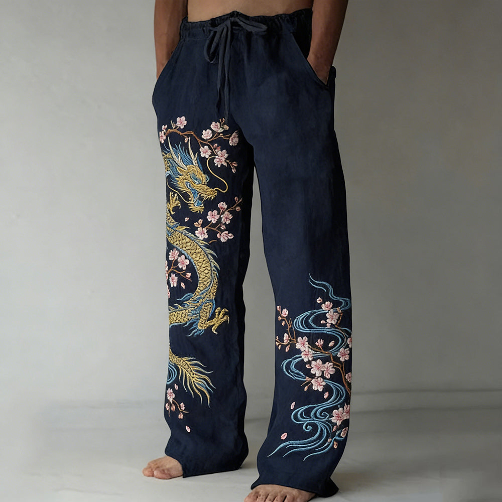 Men's Japanese Dragon & Cherry Blossom Art Cozy Linen Pants