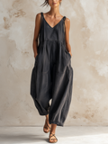 Washed Dark Gray Tencel Denim Tie Strap Harem Jumpsuit