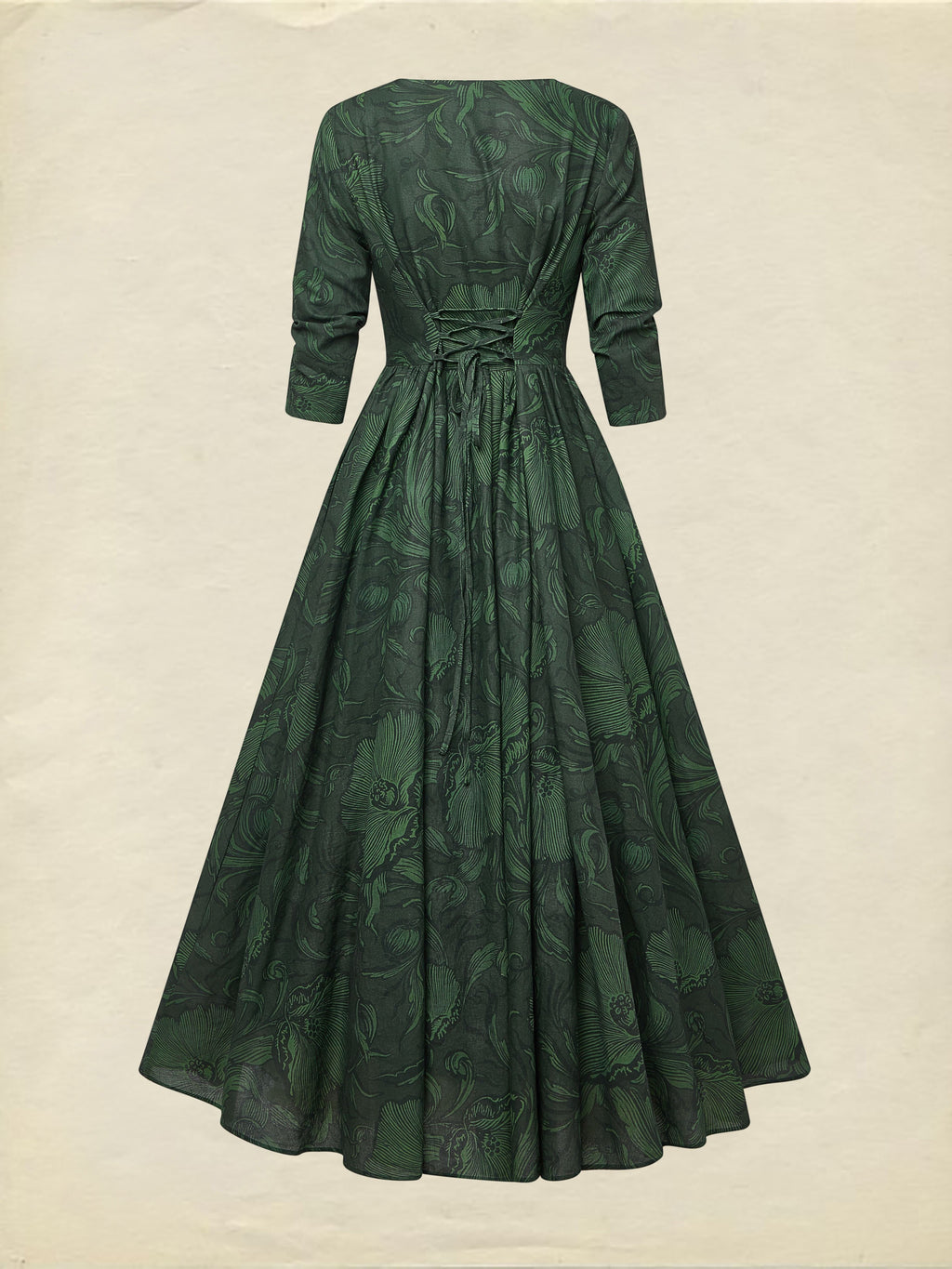 Maxi Linen Dress, Half Sleeve, V Neck, Floral, Vacation, Vintage, Deep Green