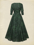 Maxi Linen Dress, Half Sleeve, V Neck, Floral, Vacation, Vintage, Deep Green