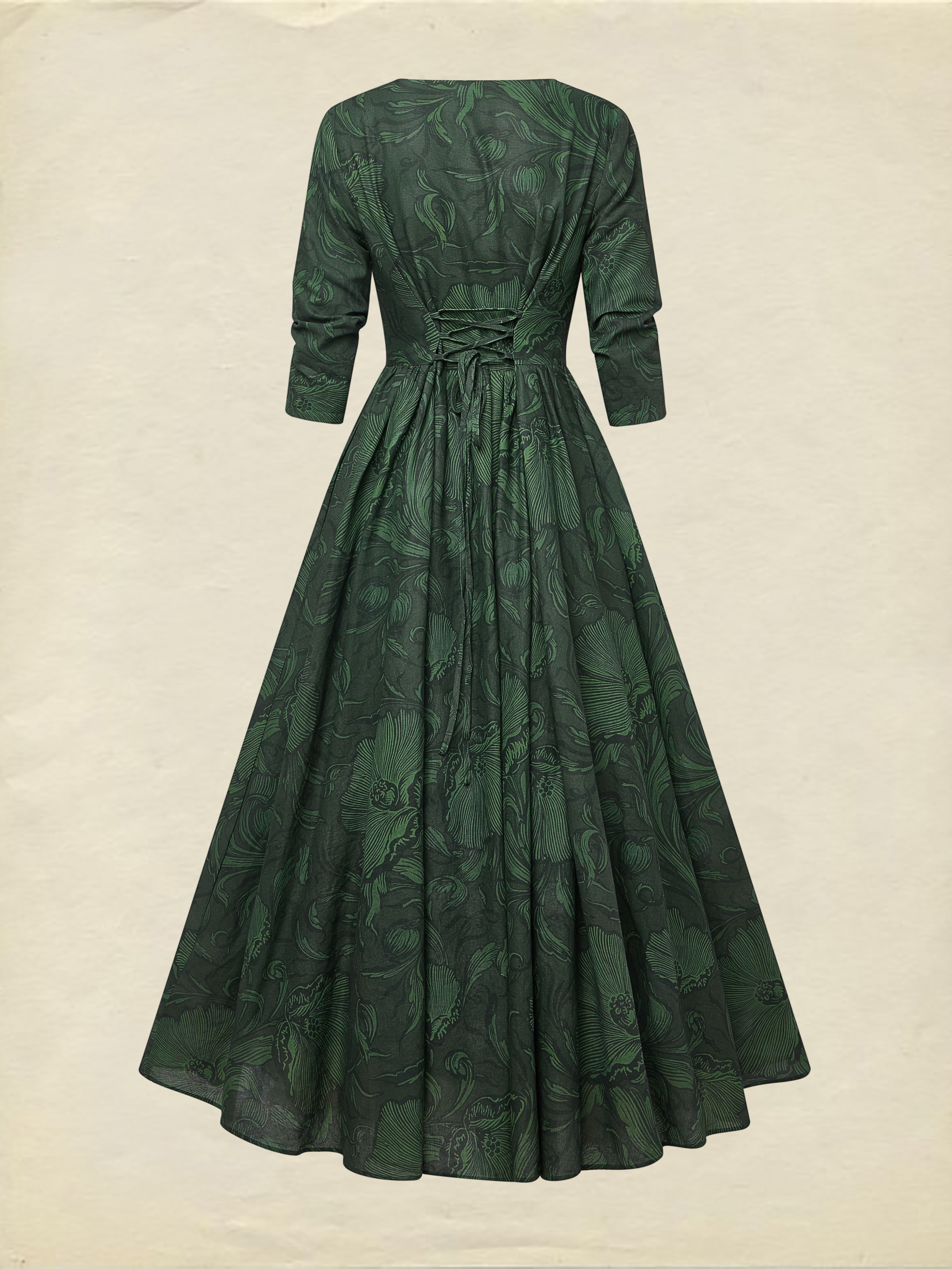 Maxi Linen Dress, Half Sleeve, V Neck, Floral, Vacation, Vintage, Deep Green