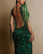 Crystal-Embellished Sequined Fringed Dress