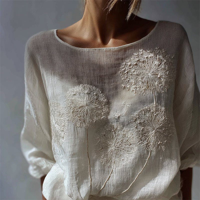 Classy Dandelion Embroidered Flowy Linen Tunic