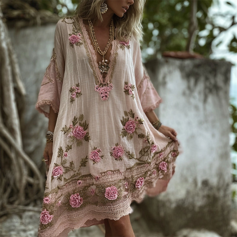 Boho Pink Roses Embroidered Lace Flowy Linen Midi Dress
