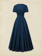 Maxi Linen Dress , Short Sleeves, V Neck, Plain, Lace, Vintage, Blue
